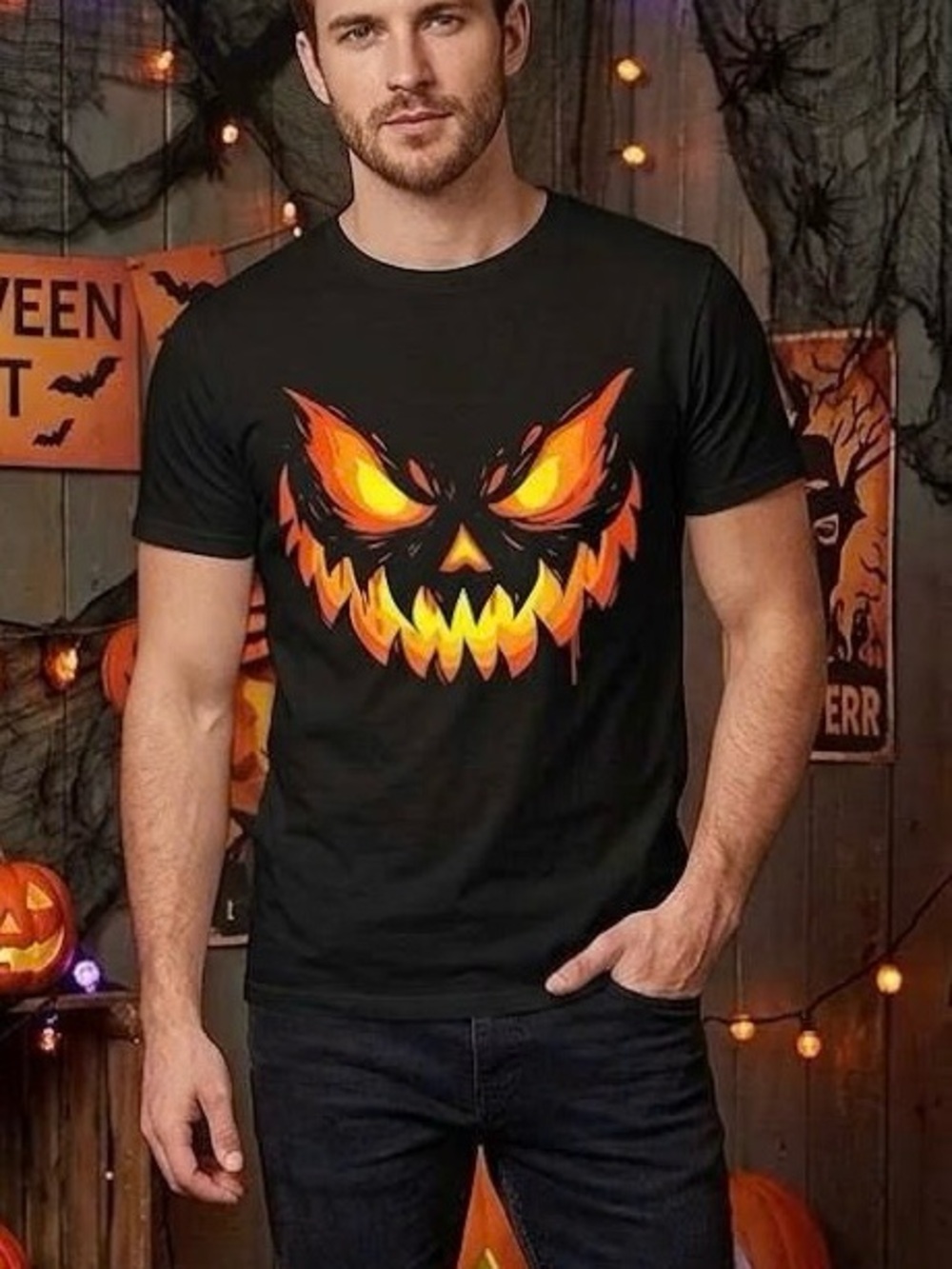 NWT Evil Jack O Lantern Scary Pumpkin Face Halloween Graphic T-Shirt Gildan